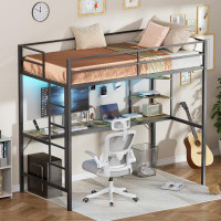 17 Stories Loft Bed Twin Size With Desk And Shelves, Metal Loft Bed Frame With Safety Guardrail, Stairs, Power Outlet An