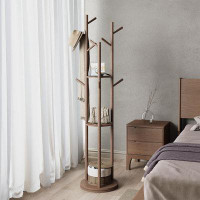 HIGEMZ Rotary Coat Rack, Wooden Coat Rack Freestanding with 3 Shelves and 9 Hooks, , Sturdy