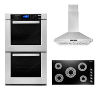 Cosmo 3 Piece Kitchen Package With 36" Electric Cooktop 36" Island Range Hood 30" Double Electric Wall Oven