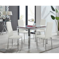 East Urban Home Tierra Modern Glass & Metal Extendable Dining Table Set & 4 Luxury Faux Leather Dining Chairs