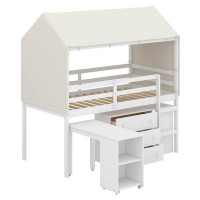 Harper Orchard Mareike Twin Size Loft Bed with Rolling Cabinet, Shelf and Tent