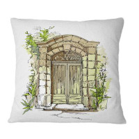 East Urban Home Old Town Door With Green Plants - Vintage Printed Throw Pillow