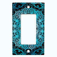 WorldAcc Metal Light Switch Plate Outlet Cover (Teal Blue Circle Mandala Black  - Single Rocker)