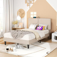 Ebern Designs Twin Full Queen Size Bed Frame Upholstered Headboard With USB Charging Station Wooden Slats Support