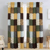 Canora Grey Farmhouse Country Vintage Floral Patchwork Warm Rich Brown Olive Mustard Yellow Rod Pocket Window Curtain Pa