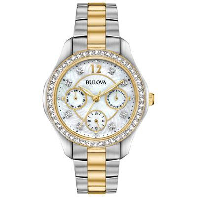 Bulova Crystal 34.5mm Women's Dress Watch w/ Swarovski Crystal Bezel - Mother Of Pearl/Gold/Silver in Jewellery & Watches