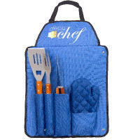Deco Gear Deco Gear 3 Piece Bbq Tool Set With Custom Blue Apron, Spatula, Tongs, Fork And Oven Mitt