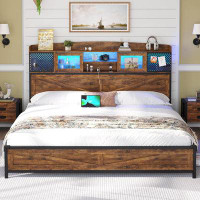 17 Stories King Size Bed Frame With Charging Station, Led Bed Frame King Size With Shelf Headboard, Farmhouse King Platf