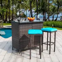 Red Barrel Studio 3PCS Patio Bar Set With Stools And Glass Top Table Patio Wicker Outdoor Furniture With Removable Cushi
