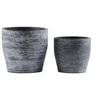 Gracie Oaks Cement Round Pot with Tapered Bottom Set of Two Combed Finish Dark Grey