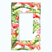 WorldAcc Metal Light Switch Plate Outlet Cover (Pink Flamingos Green Monstera Plants Leaves White - Single Toggle)