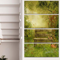 Design Art 'Wooden Bench in Village Orchard' 4 Piece Graphic Art on Wrapped Canvas Set