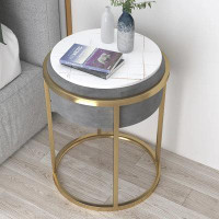 Everly Quinn Grey Round Stone Side Table Velvet Gold Finish Modern End Table