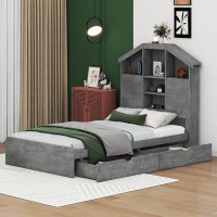 Latitude Run® Full Size Wood Platform Bed With House-Shaped Storage Headboard And 2 Drawers