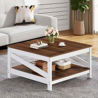 Gracie Oaks Gracie Oaks Coffee Table With Storage, Farmhouse Cocktail Centre Table For Living Room, Brown And White