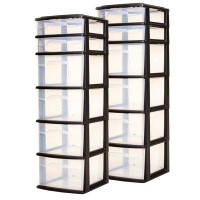 Homz Homz Plastic 6 Clear Drawer Home Storage Container Tower, Black/Clear (2 Pack)