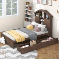 Red Barrel Studio Twin Size Wood Platform Bed with House-shaped Storage Headboard and 2 Drawers