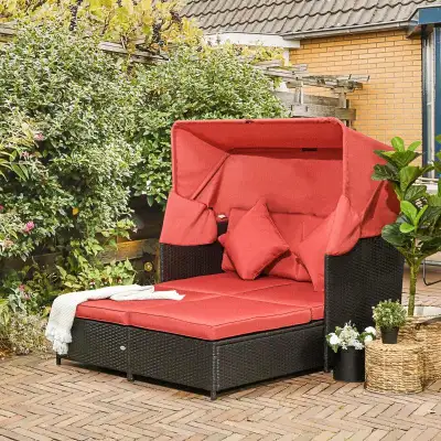 2-Person Outdoor Rattan Wicker Canopy Daybed Lounge Chaise Sofa Patio Set, Cushions, Black, Red