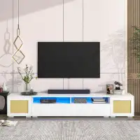 Ivy Bronx Rattan Style Entertainment Center With Push To Open Doors, 3-Pics Extended TV Console Table For Tvs Up To 90''