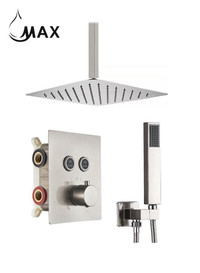 Ceiling Thermostatic Square Shower System Two Functions With Valve Brushed Nickel Finish