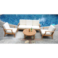 Teak Smith 4 Pc Sofa Set: Sofa, 2 Lounge Chairs & Coffee Table + Sunbrella Fabric #57003 Canvas White Cushions-33" H x 8
