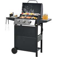 Sapphome 3-burner Propane Gas Bbq Grill With Top Cover Lid, Wheels, And Side Storage Shelves & Built-in Thermometer