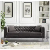House of Hampton Modern Velvet Sofa Jeweled Buttons Tufted Square Arm Couch Blue,2 Pillows Included