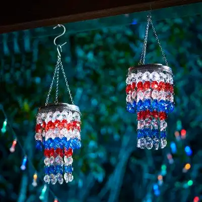 This windchime features classic Patriotic palette acrylic jewel beads garland with solar powdered LE...