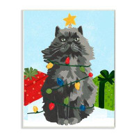 Stupell Industries Black Cat Festive Holiday Lights Christmas Pet by June Erica Vess - Painting Print