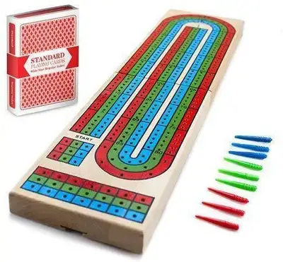 NEW 3 TRACK WOOD CRIBBAGE BOARD GAME & CARDS 1231CB