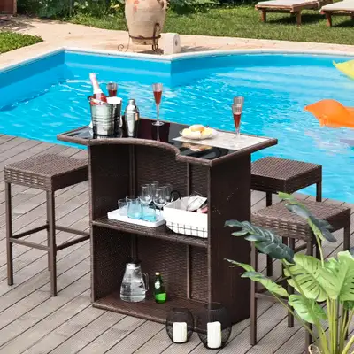 5pc PE Rattan Wicker Barstool Dining Chair & Table Set for Outdoor Pool Patio Deck, Dark Brown