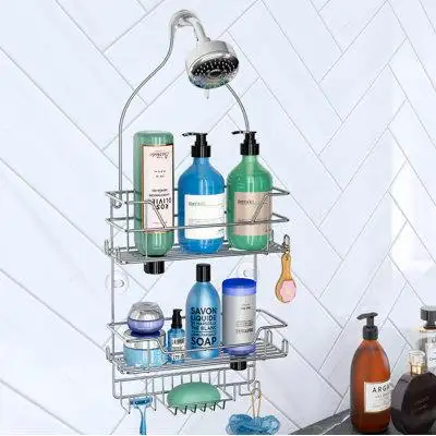 Rebrilliant Shower Caddy Over Shower Head, Silver Hanging Shower Organizer, Shower Storage Rack With Hooks,Silver