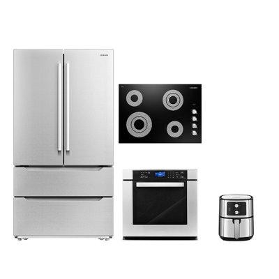 Cosmo 4 Pieces Kitchen Package with French Door Refrigerator & 30" Electric Cooktop & Wall Oven in Refrigerators
