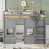 Harriet Bee Wood Twin Size Loft Bed With Built-In Storage Wardrobe And 2 Windows, Gray