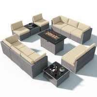 Latitude Run® 13 Piece Outdoor Wicker Patio Furniture Set With Fire Table, Dark Blue