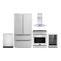 Cosmo 5 Piece Kitchen Package with 30" Freestanding Gas Range  30" Island Mount 24" Built-in Fully Integrated Dishwasher