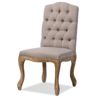 Baxton Baxton Studio Hudson Chic Rustic French Country Cottage Weathered Oak Beige Fabric Button-Tufted Upholstered Dini