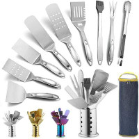 ASA Grill Accessories Kit 10 Pieces With A Utensils Holder, Stainless Steel Handle Assemble With Baklite Make It No Melt