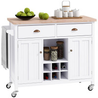 ROLLING KITCHEN ISLAND, BAR CART ON WHEELS WITH LARGE COUNTER, 2 SPACIOUS DRAWERS AND STORAGE CABINETS, WINE RACK, WHITE