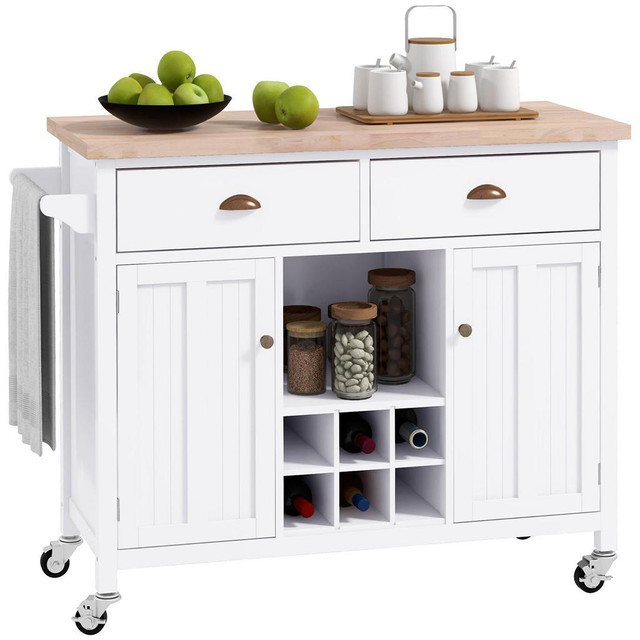 ROLLING KITCHEN ISLAND, BAR CART ON WHEELS WITH LARGE COUNTER, 2 SPACIOUS DRAWERS AND STORAGE CABINETS, WINE RACK, WHITE in Kitchen & Dining Wares