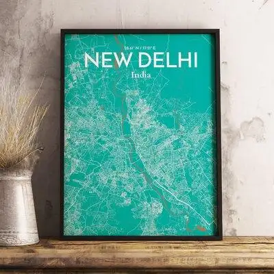 This 'New Delhi City Map' Graphic Art Print Poster in Nature is uniquely designed and crafted by car...