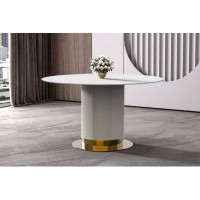 Everly Quinn Everly Quinn Bowsden 60" Mid-Century Modern Round Dining Table With Glass/Sintered Stone Top And White/Gold