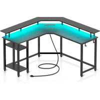 Ivy Bronx Ivy Bronx L Shaped Gaming Desk With LED Lights & Power Outlets, 56" Computer Desk With Full Monitor Stand & St