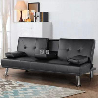 Hokku Designs Hokku Designs Modern Faux Leather Reclining Futon With Cupholders And Pillows, Black