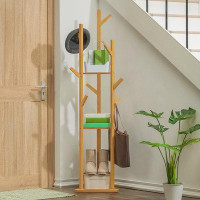 Bring Home Furniture 3 Tiers Stable Coat Rack, Hat Hooks Hall Tree, Storage Shelf Bamboo Clothing Stand