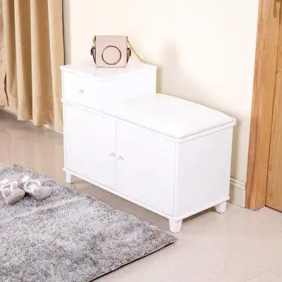 Red Barrel Studio White Shoe Storage Bench Cabinet With Fireproof PU Cushion, Double Doors And Movable Drawer Wood For D