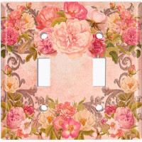 WorldAcc Metal Light Switch Plate Outlet Cover (Rose Frame Red Pink - Double Toggle)