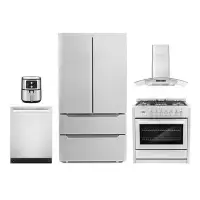 Cosmo 5 Piece Kitchen Package With 36" Freestanding Dual Fuel Range  36" Wall Mount Range Hood 24" Built-In Fully Integr