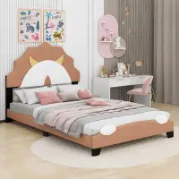 Zoomie Kids Twin Size Upholstered Leather Platform Bed With Lion-Shaped Headboard