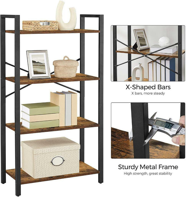 NEW RUSTIC 4 TIER BOOKCASE STEEL FRAME BOOKSHELF LBS2102 in Bookcases & Shelving Units in Regina - Image 4